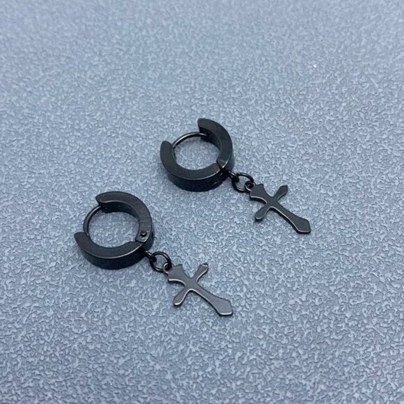 Stainless Steel Black Cross Drop Dangle Hoop Earrings Men Women NWT - Picture 1 of 3